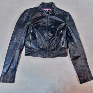 Wilsons Leather Jacket Womens XS Black Moto Racer Zip Edgy Choker Buckle Biker